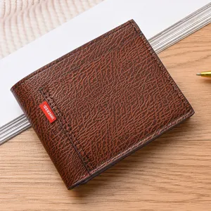 Herren Retro braune kurze Geldbörse stilvolle kompakte Bifold Lederbörse mit rotem Etikett Hauptbild