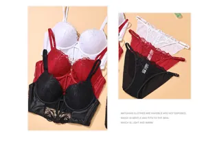 Set aus Korsett-Spitzen-BH und Höschen, sexy Unterwäsche Detailansicht in drei verschiedenen Farben.