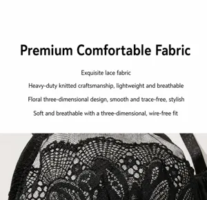 Close-up detail of women's black lace plus size bra, sheer lightweight breathable fabric.