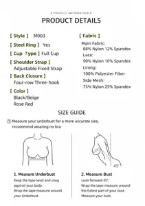 Plus size contrast color full cup bra with steel ring, adjustable straps and size guide.