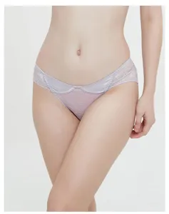 Detailed view of women sexy low-rise lace panties, breathable mesh and satin waistband design.
