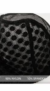 Black mesh lace bra fabric detail, soft breathable dotted texture, stretchy nylon spandex.