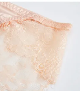 Detail view of women's sexy lace panties, lightweight breathable sheer mesh underwear for summer.