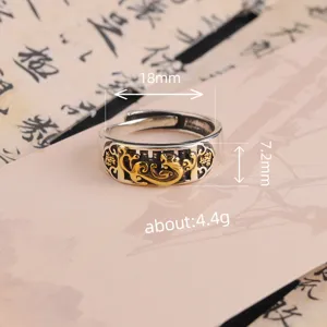 Retro Chinese style Pixiu abacus open silver ring for men, vintage adjustable fashion jewelry.