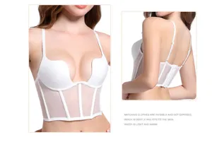 Women white deep u neck mesh corset bra push up fishbone bustier lingerie top for daily.