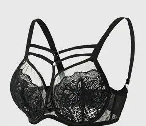 Plus size black lace bra, full cup wireless supportive lingerie for curvy women and plus size.