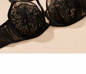Close-up detail of black lace plus size full cup bra, breathable sheer mesh design.