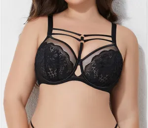 Plus size lace bra with strappy details, full coverage supportive bralette for women.