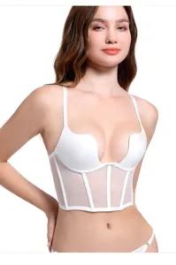 Detailed view of white fishbone corset bra, featuring deep V push-up design and mesh.
