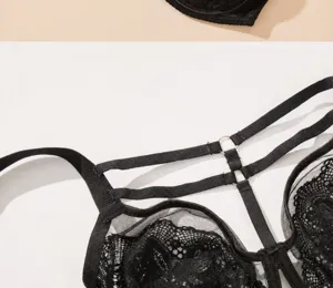 Black lace bra detail close-up, strappy design, thin cup, sexy undergarment close view
