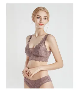 Detailed view of French wireless lace bralette and panty set in elegant mauve shade.
