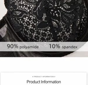 Detailed view of women's plus size black floral lace bra featuring 90% nylon fabric.