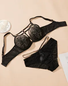 Plus size black lace bra and panty set, sexy sheer mesh comfortable underwire lingerie.
