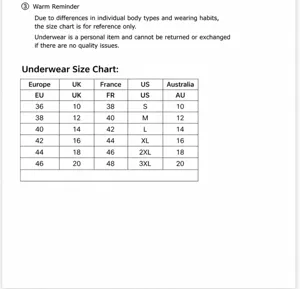 Detailed size chart for women's underwear showing international size conversions clearly.