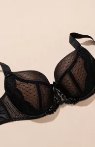 Close-up detail of black lace plus size full coverage bra, elegant design, comfortable fit.