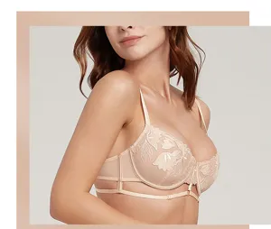 Delicate lace embroidery detail on this ultra-thin sheer mesh bra. Close-up view.