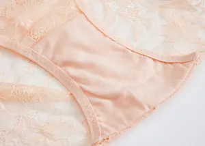 Close-up detail of women's lace panty breathable fabric and delicate floral trim design.