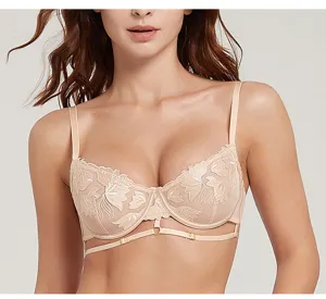 French women's ultra-thin lace embroidered sheer mesh bra, sexy gather underwear.