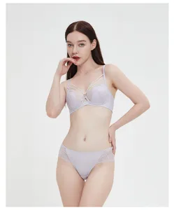 Gedetailleerd overzicht van kanten bh en slip set, met delicate dunne cups en bandjes.