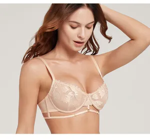 French style sheer lace embroidered mesh sexy push up bra with strappy ring details closeup.