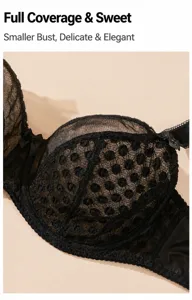 Plus size full coverage black lace bra with mesh polka dot design, supportive and comfortable.