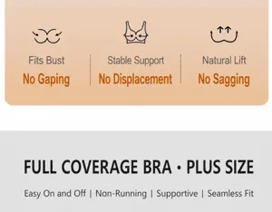 Plus size full cup bra feature detail chart showing anti-sagging and comfortable support design.