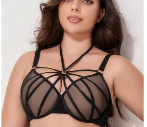 Dettaglio reggiseno nero taglie forti, coppe in rete trasparente, spalline incrociate comode.