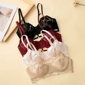 French Style Ultra Thin Lace Embroidery Sexy Mesh Bra For Women Minimizing Underwire Push Up Lingerie Comfortable Breathable Bralette