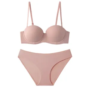 Pink seamless padded bra and panties set, wireless push up lingerie for women daily wear.