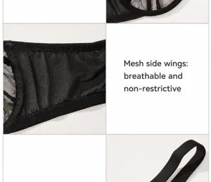 Vista dettagliata del reggiseno nero con ali in rete e spalline spesse di sostegno.