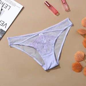 Culotte en dentelle transparente sexy pour femme, joli détail brodé floral respirant.