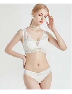 Detailed view of the French wireless lace lingerie set, elegant white bralette and panty for women.