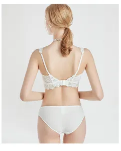 French wireless lace bra panties set, sexy pure desire gathering lingerie back view.