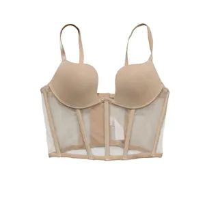 Nude push-up corset bra with mesh side panels and structural boning for women daily.