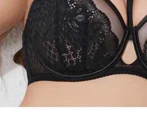 Black lace full cup bra detail, sheer mesh panels, delicate floral embroidery, close up view