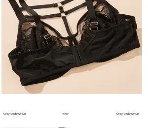 Black lace strappy bra detail shot, delicate mesh and rose gold hardware features.