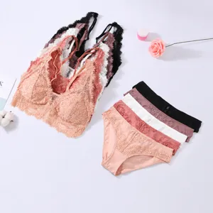 French wirefree lace bra and panties set sexy gathered bralette comfortable underwear wholesale