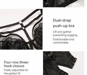 Plus size black lace full cup bra with double strap design and comfortable four-row hook.