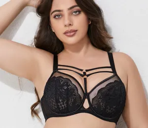 Plus size black lace bra with strappy ring details full coverage supportive lingerie detail.
