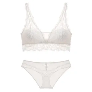 Weißes französisches bügelloses Spitzen-BH- und Höschen-Set, sexy bequeme Damenunterwäsche.