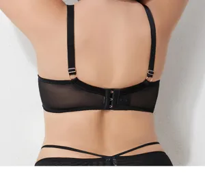 Detailed back view of plus size black lace unlined bra with comfortable adjustable straps and hook.