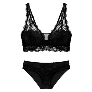Schwarzes Spitzen-Wäscheset, bügel-loser Push-up-BH und passende Höschen für Damen, elegant.