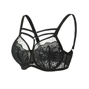 Women Plus Size Lace Bra Sexy Thin Underwire Full Cup Lingerie Floral Spliced Strappy Breathable Push Up Bra For Big Chest