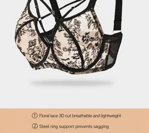 Plus size floral lace underwire strappy bra detail showing sheer mesh cups and support.