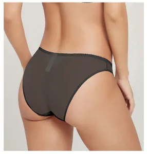 Detailed back view of women's breathable sheer lace trim mid-waist briefs underwear.