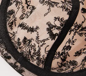 Plus size lace mesh bra detail shot, comfortable breathable fabric, supportive lingerie.