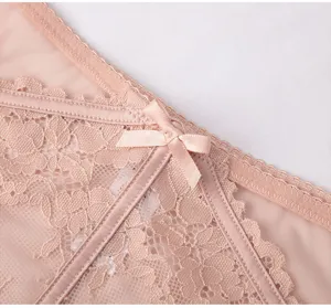 Close-up detail of women's pink lace panties, delicate floral mesh and satin bow.