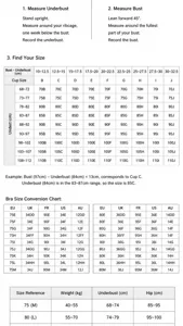 Plus size bra size chart guide with international cup measurements and fit instructions.