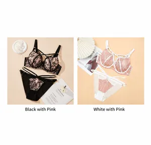 Plus size mesh full cup bra set with strappy design, elegant contrast color, comfortable fit.