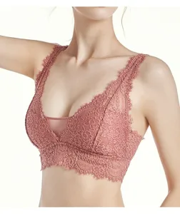Comfortable pink lace wireless bra with breathable design, sexy style for women daily wear.